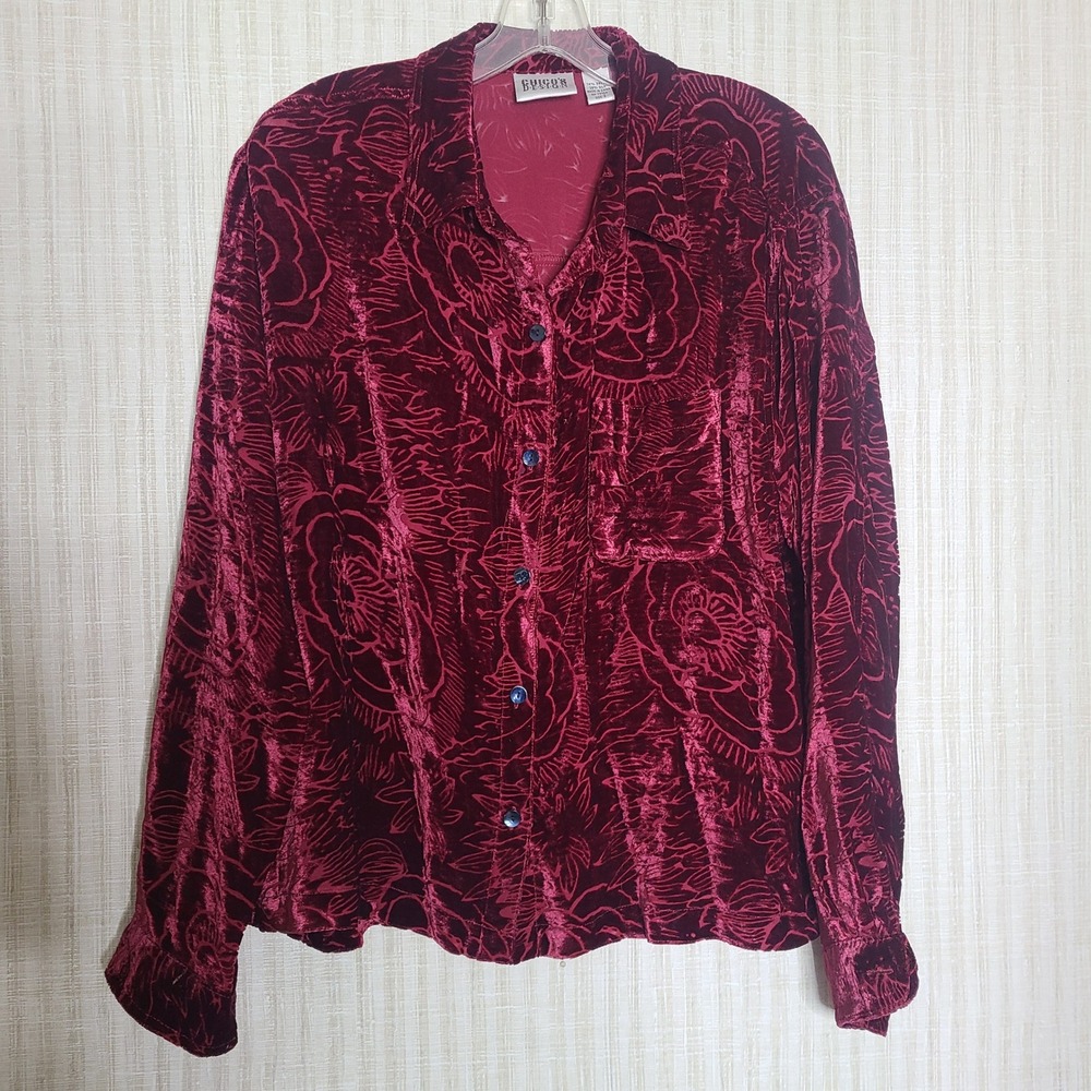 Chicos Design Burnout Velvet Floral Button Up Shirt Women Burgundy Size 2
